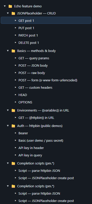 Collections sidebar with folders and requests