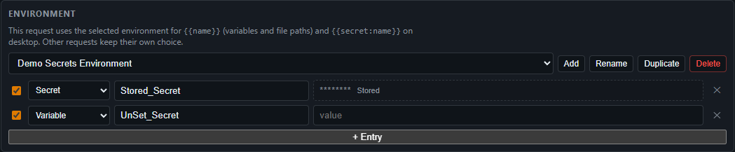 Environment entries including a secret row