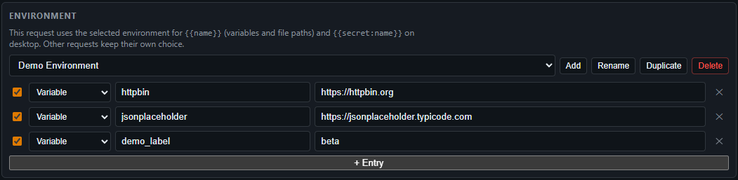Environment section with variable rows
