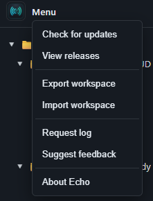 Folder context menu with import and export workspace