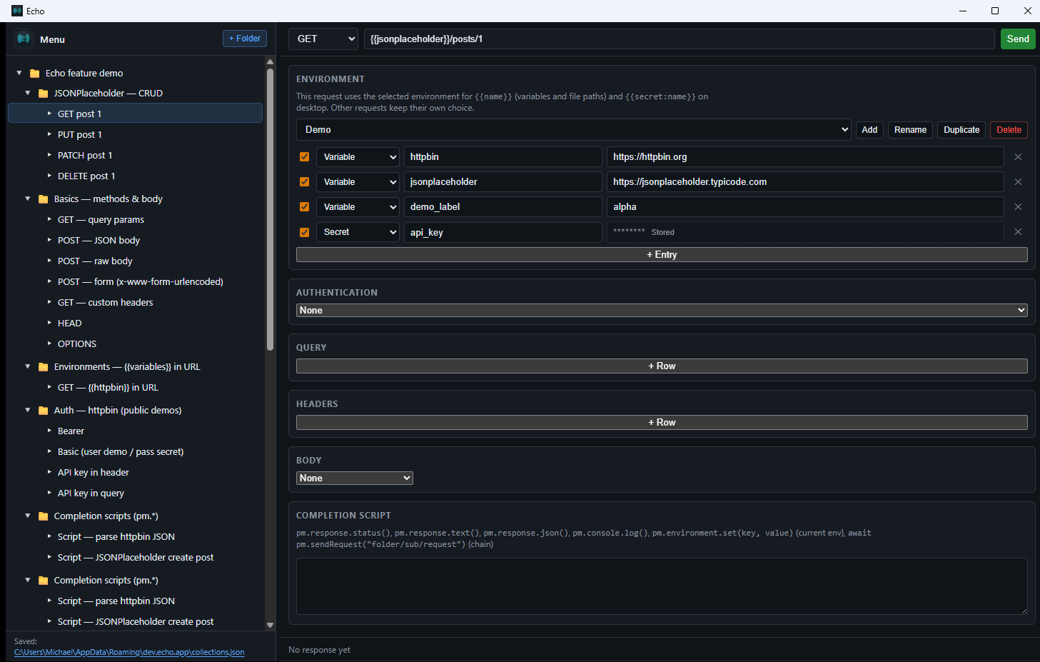 Echo main window: collections sidebar, HTTP request editor, and response panel